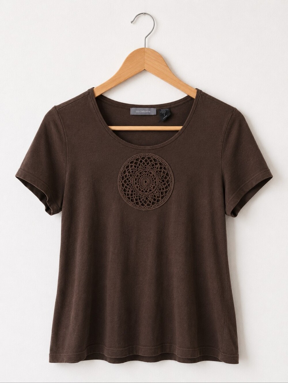 Liz Claiborne Brown Short-Sleeve Tee with Crochet Medallion - Picture 2 of 5